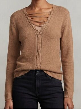entro Lace-Up V-Neck Sweater in Camel